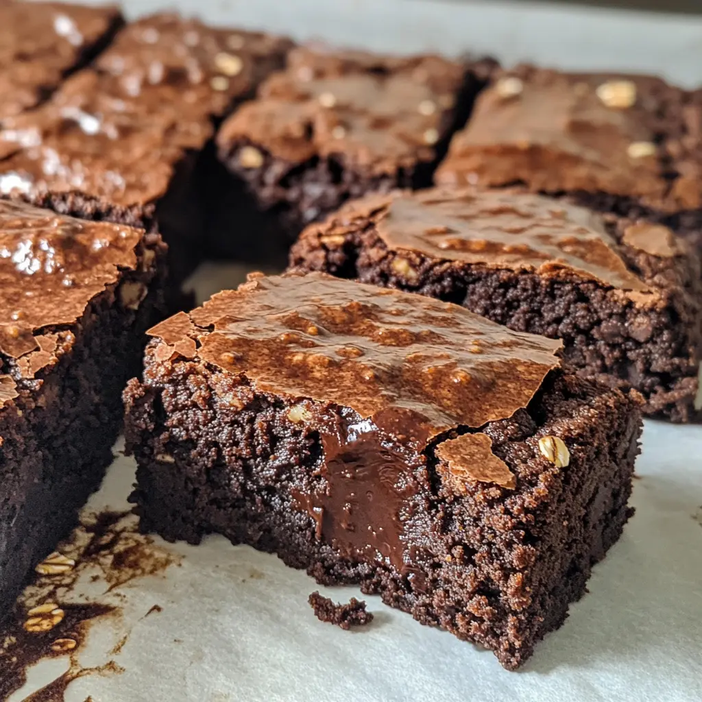 Healthy Greek Yogurt Chocolate Oatmeal Banana Brownie cut into squares showing fudgy texture and visible oats