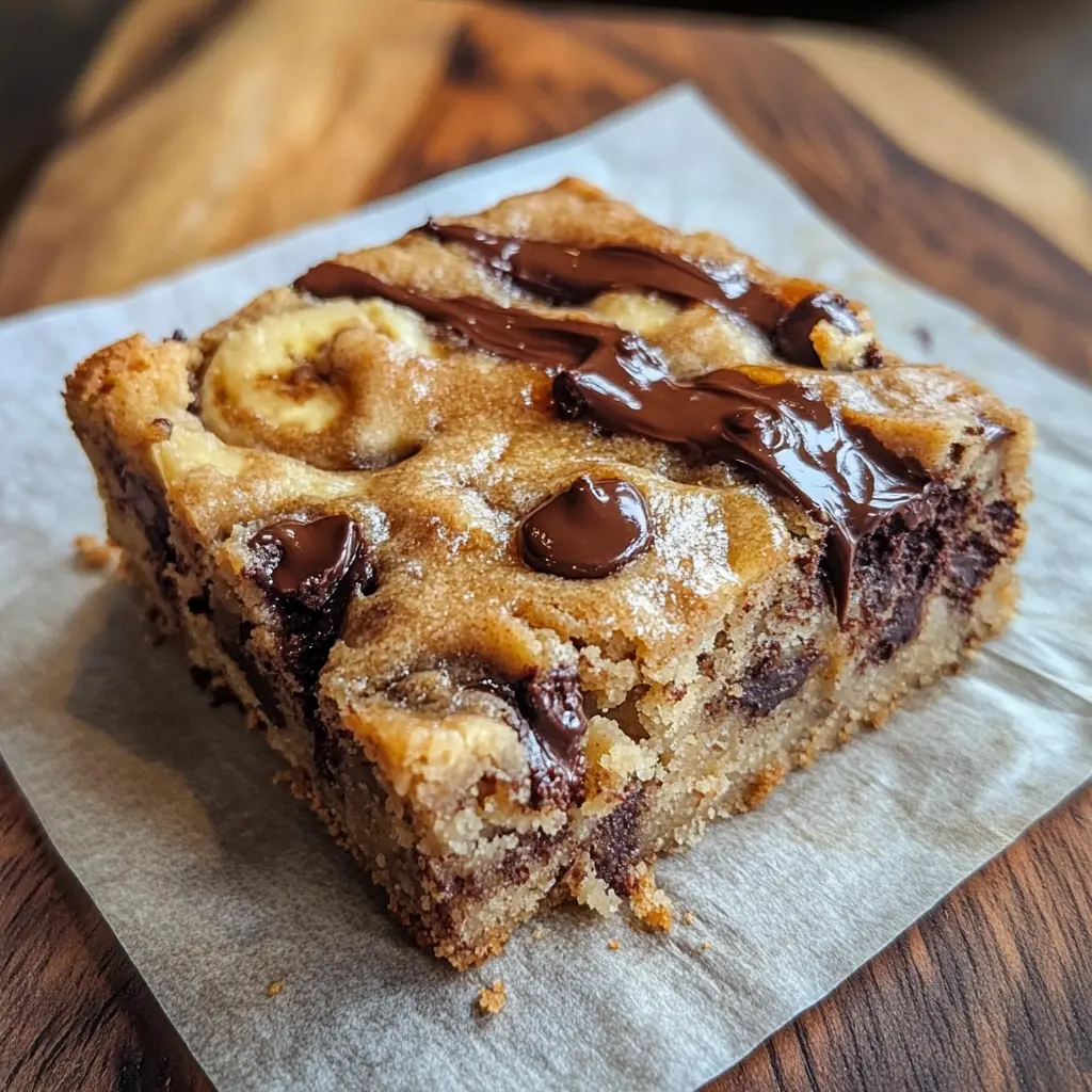 Healthy Chocolate Chip Banana Muffin Bars with Gooey Peanut Butter Swirl Healthy Chocolate Chip Banana Muffin Bars with Gooey Peanut Butter Swirl cut into squares showing golden peanut butter swirls and chocolate chips