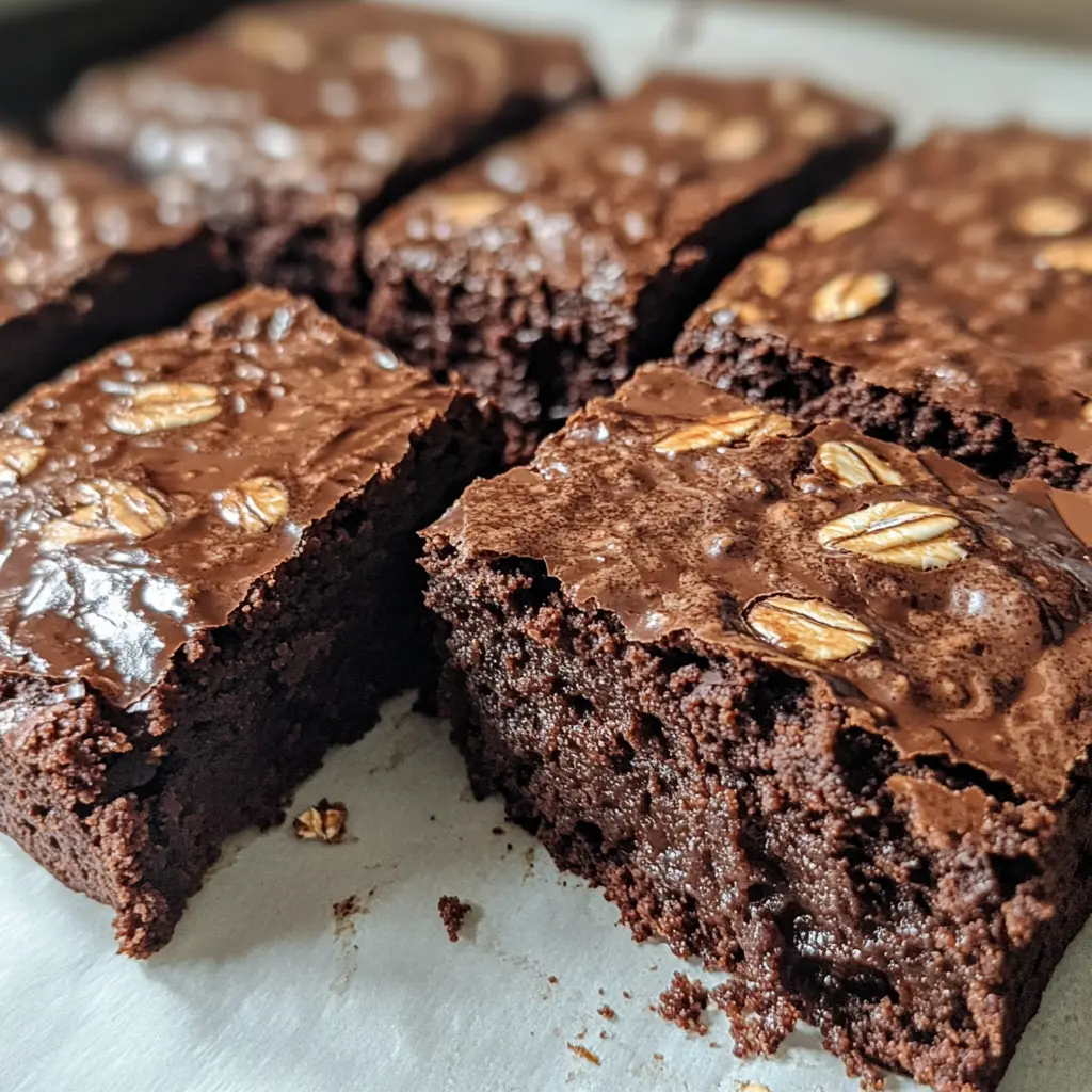 Healthy Greek Yogurt Chocolate Oatmeal Banana Brownie cut into squares showing fudgy texture and visible oats