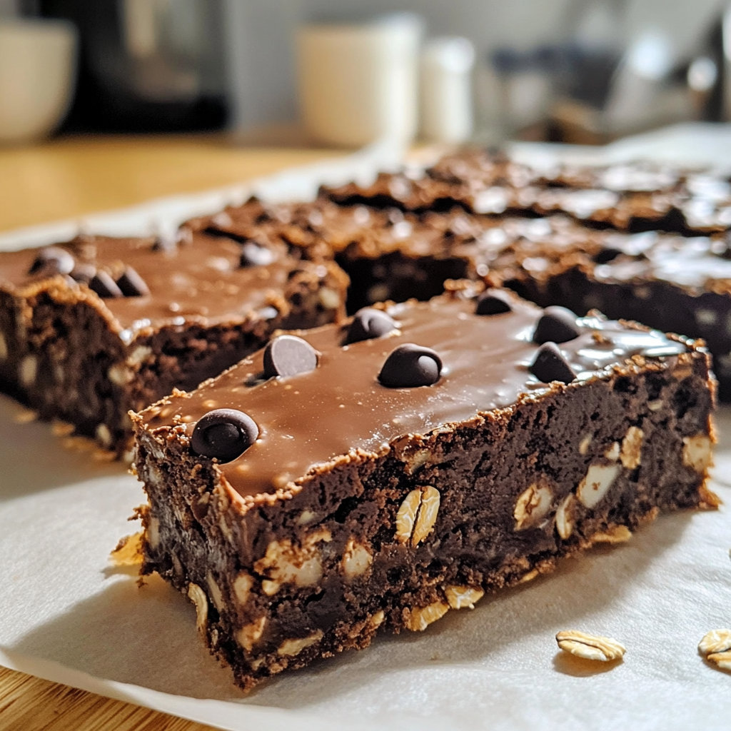 Stack of Healthy No-Bake Chocolate Chip Brownie Bars with Peanut Butter and Gooey Layers and mini chocolate chips on top