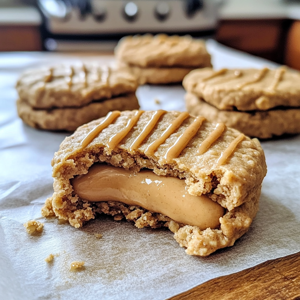 Healthy No-Bake Peanut Butter Yogurt Sandwich Cookies stacked showing creamy filling between golden cookie layers