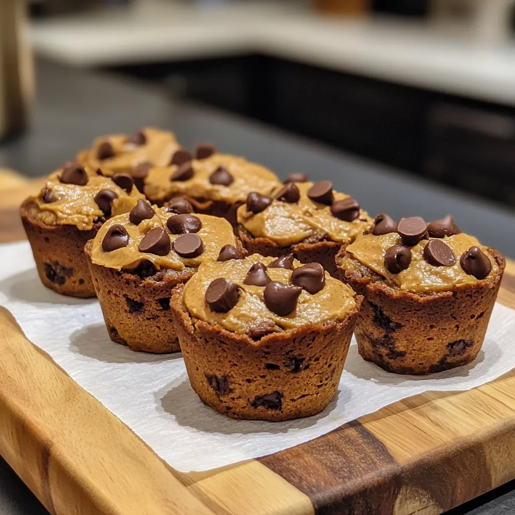 Healthy High Protein Peanut Butter Chocolate Chip Cookie Muffin Cups in muffin tin showing golden tops and chocolate chips