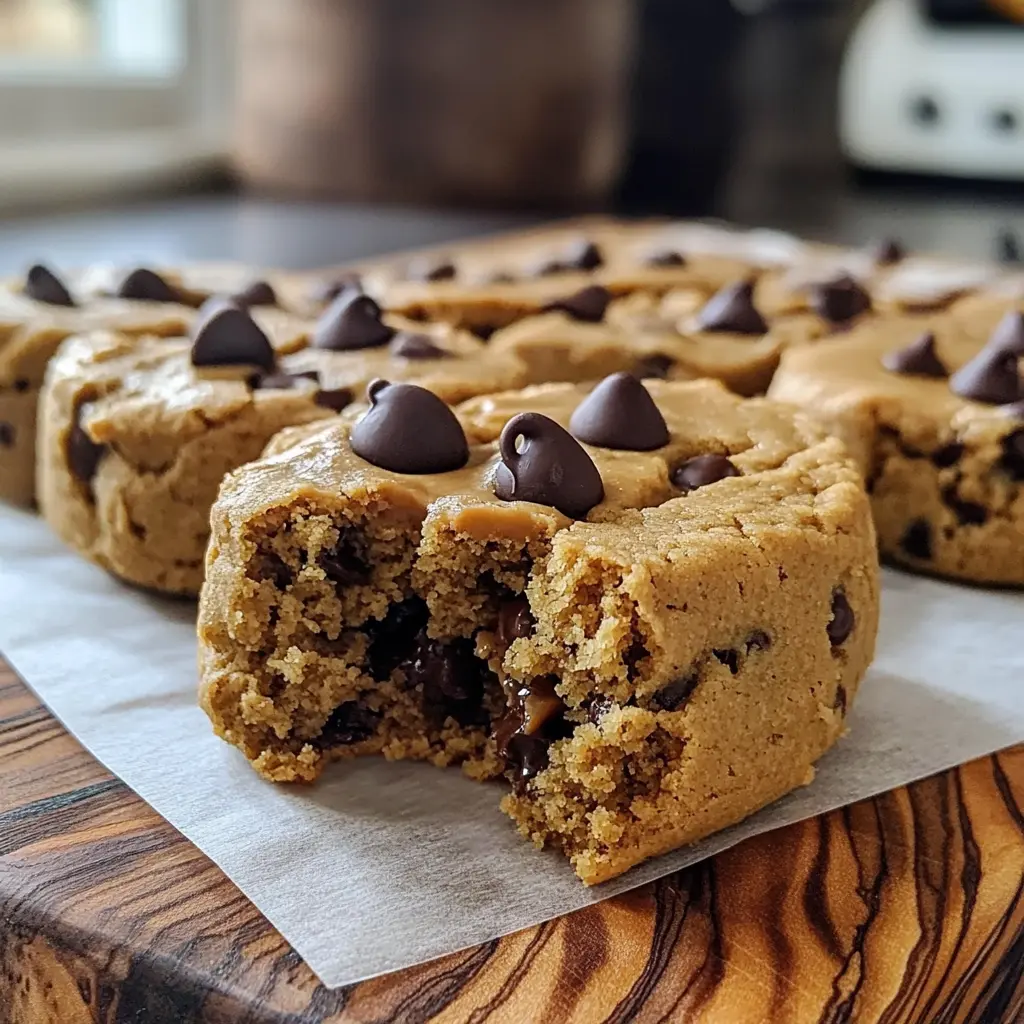 High Protein Peanut Butter Chocolate Chip Cookies with Gooey Centers on white plate showing soft melty centers and crispy edges