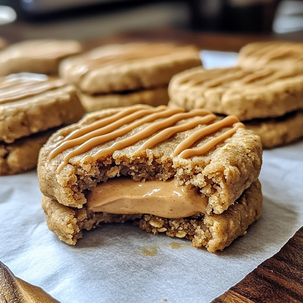 Healthy No-Bake Peanut Butter Yogurt Sandwich Cookies stacked showing creamy filling between golden cookie layers