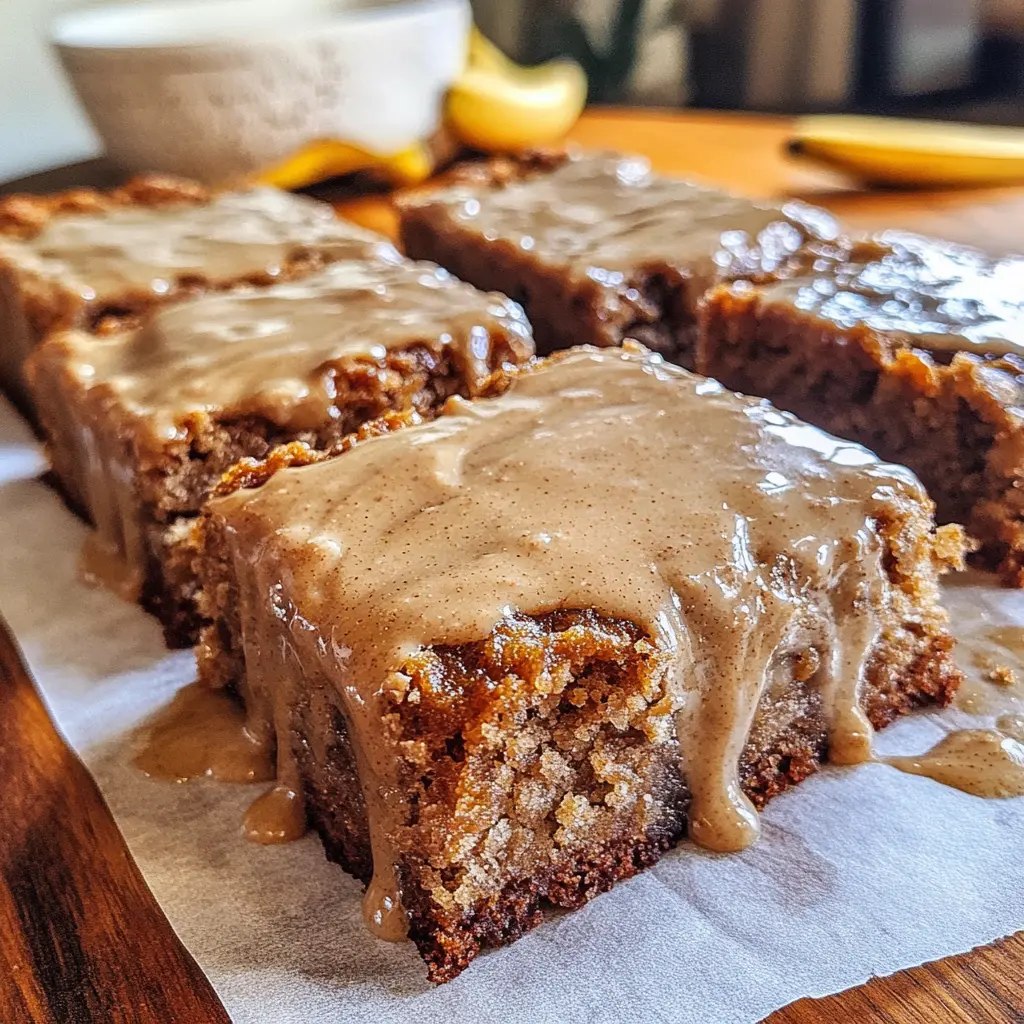 Healthy Cinnamon Roll Banana Bread Bars with Peanut Butter Glaze Healthy cinnamon roll banana bread bars with peanut butter glaze cut into squares on parchment paper