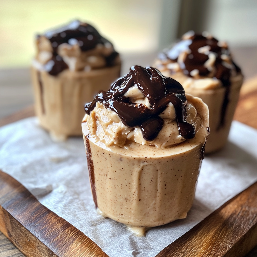 Healthy Frozen Peanut Butter Greek Yogurt Cups with Chocolate Top arranged on plate showing smooth chocolate shell and creamy interior