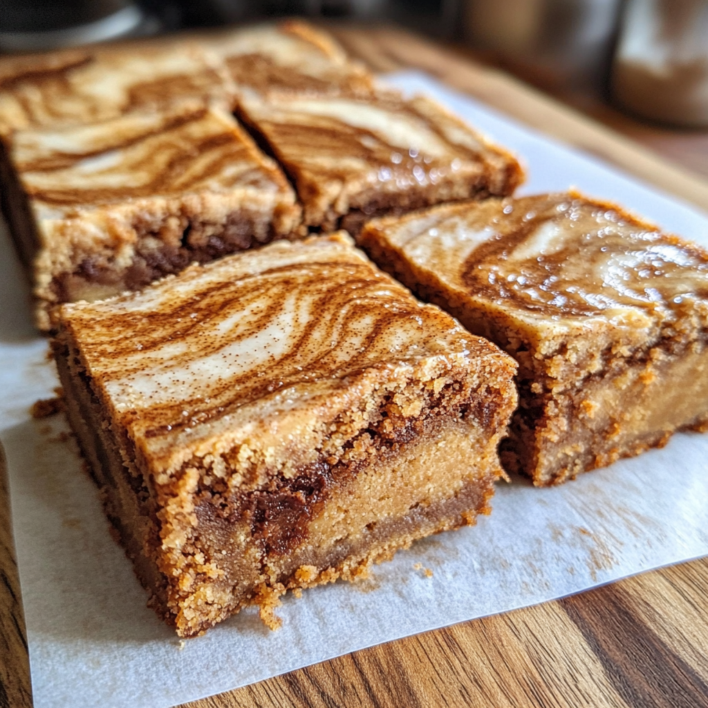 Healthy Make-Ahead Cinnamon Roll Blondies with Greek Yogurt and Gooey Swirls Healthy Make-Ahead Cinnamon Roll Blondies with Greek Yogurt and Gooey Swirls cut into squares showing beautiful golden cinnamon swirl patterns