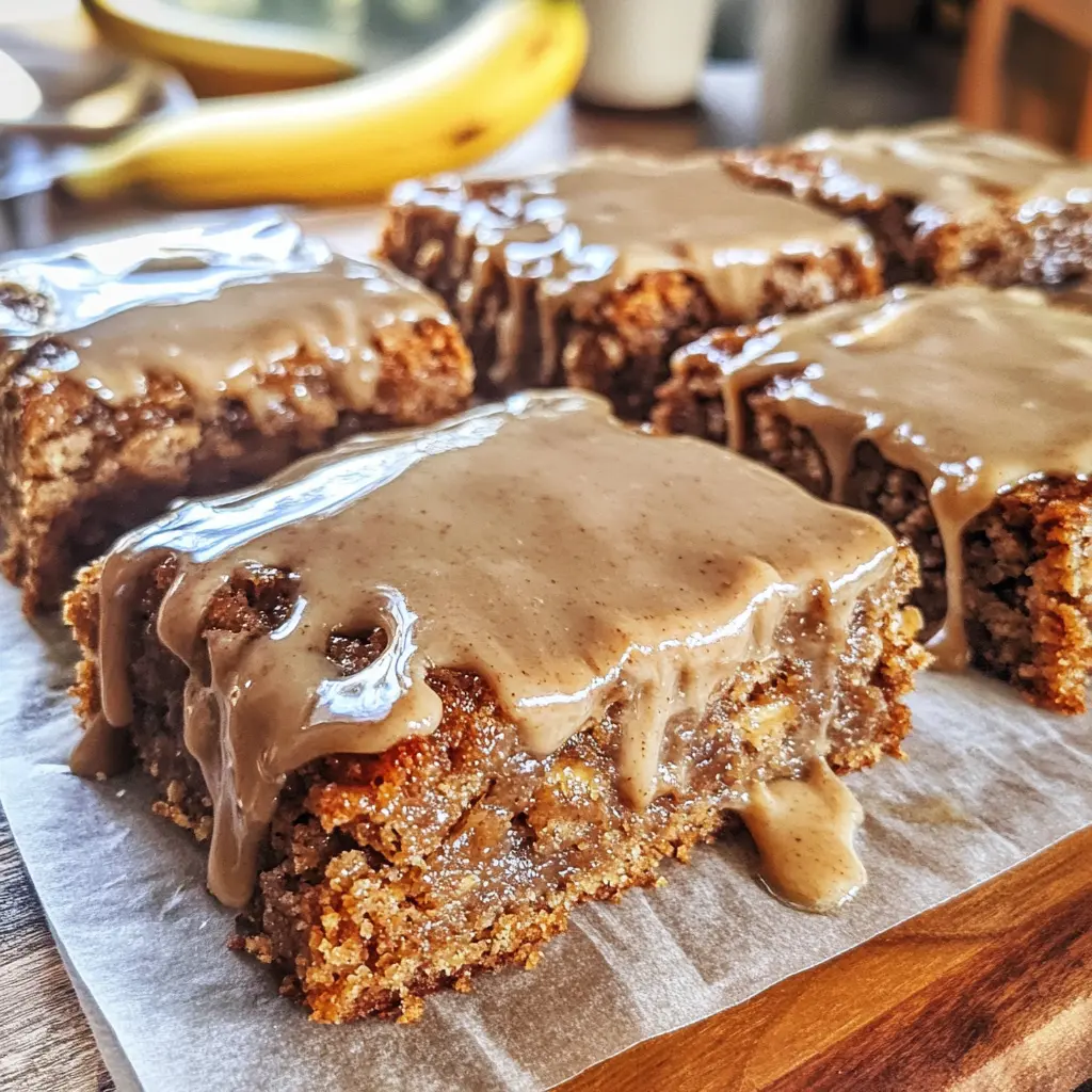 Healthy Cinnamon Roll Banana Bread Bars with Peanut Butter Glaze Healthy cinnamon roll banana bread bars with peanut butter glaze cut into squares on parchment paper