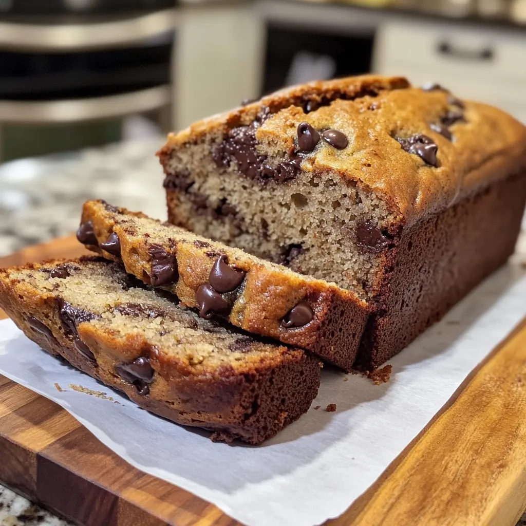 Sliced healthy high protein banana bread with chocolate chip layers on white plate showing moist texture