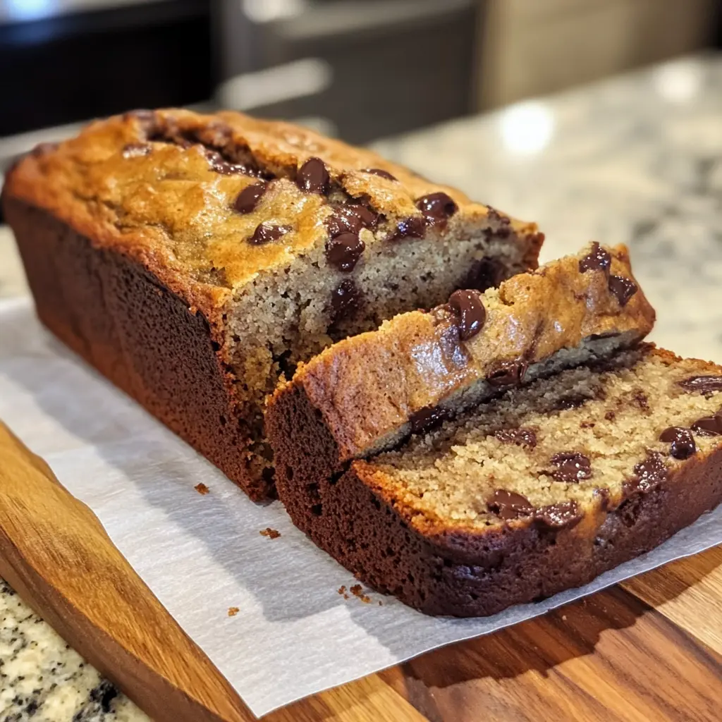 Healthy High Protein Banana Bread with Chocolate Chip Layers Sliced healthy high protein banana bread with chocolate chip layers on white plate showing moist texture