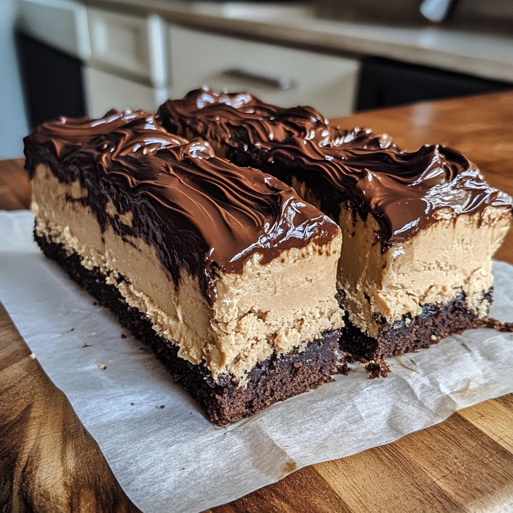 Greek Yogurt Peanut Butter Protein Cake with Chocolate Fudge Topping cut into squares showing moist cake and glossy chocolate topping