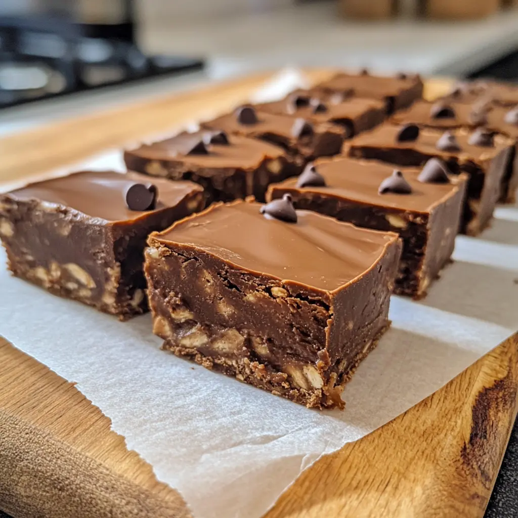 Healthy No‑Bake Greek Yogurt Chocolate Peanut Butter Protein Bars Healthy No-Bake Greek Yogurt Chocolate Peanut Butter Protein Bars cut into squares showing fudgy texture and mini chocolate chips
