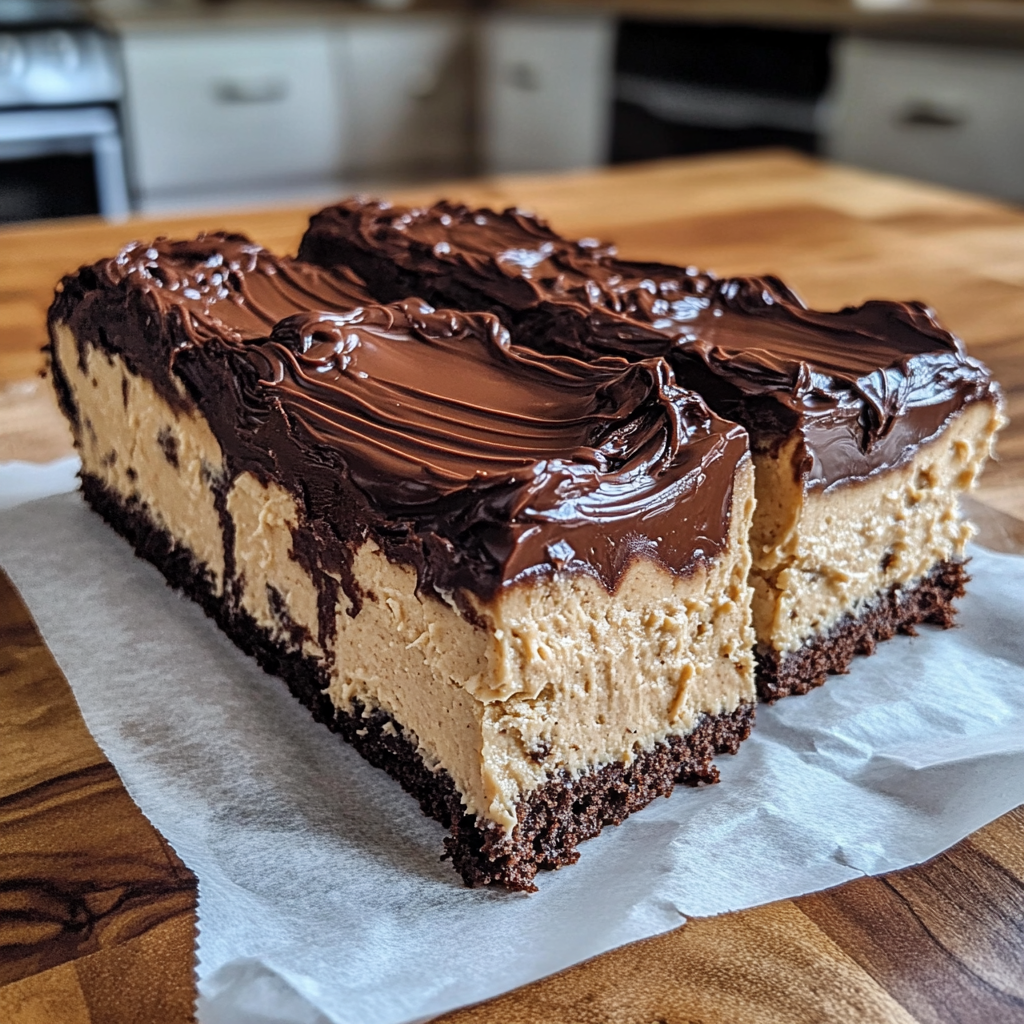 Greek Yogurt Peanut Butter Protein Cake with Chocolate Fudge Topping cut into squares showing moist cake and glossy chocolate topping