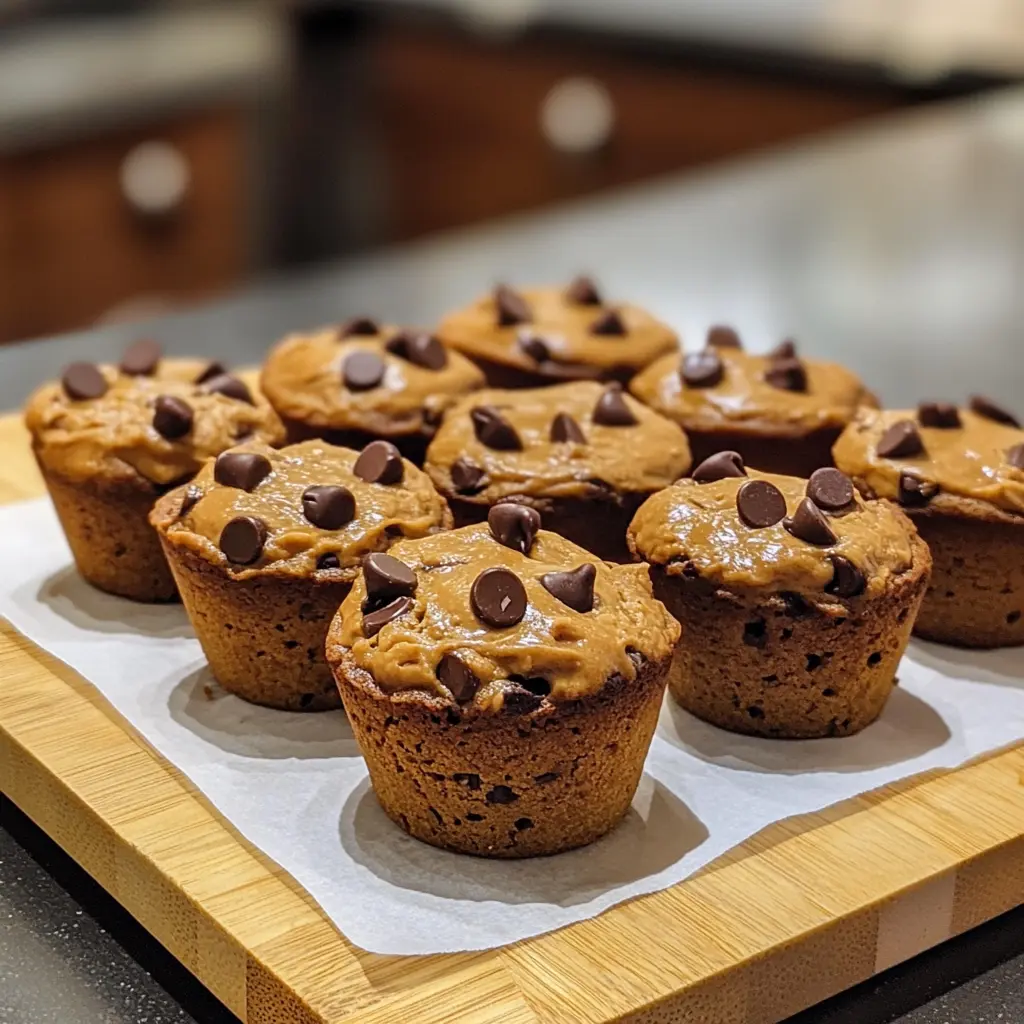Healthy High Protein Peanut Butter Chocolate Chip Cookie Muffin Cups in muffin tin showing golden tops and chocolate chips