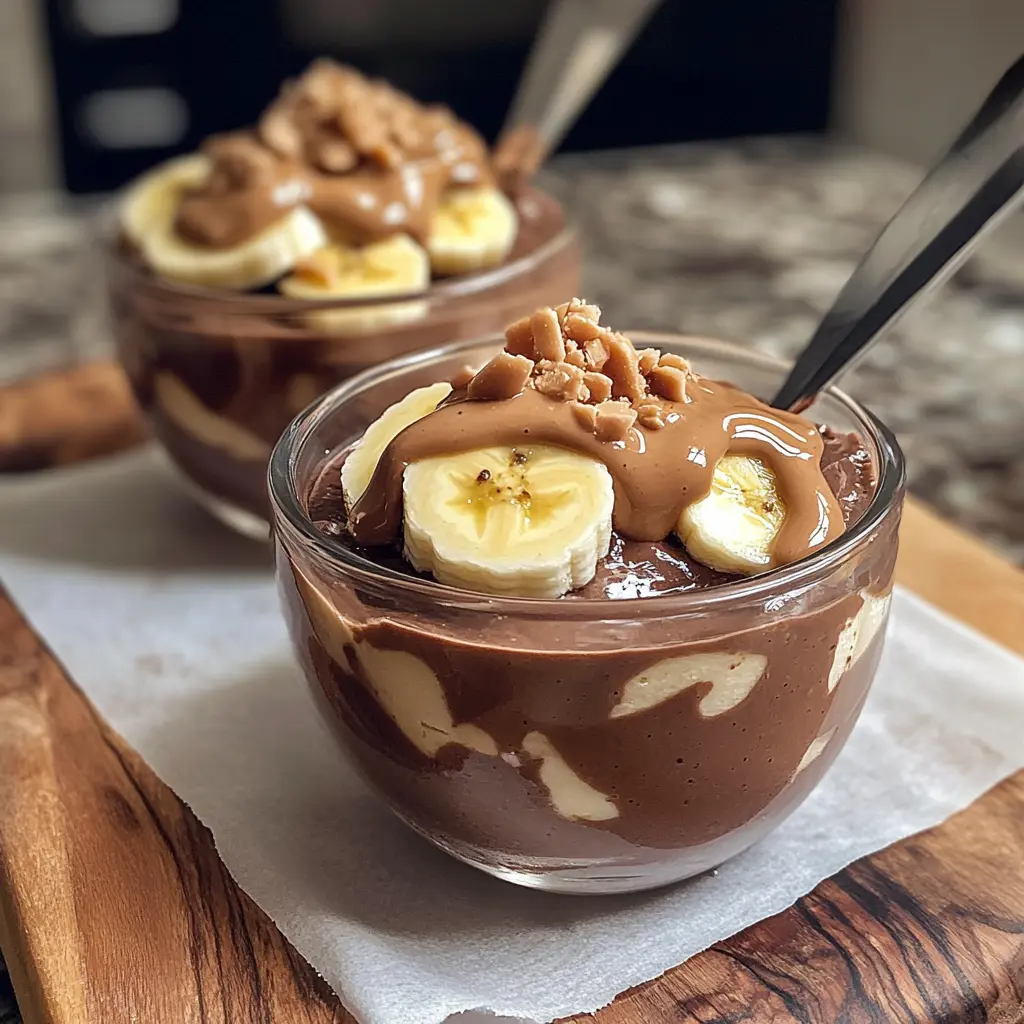 High Protein Chocolate Banana Pudding Cups with Peanut Butter Drizzle in clear glass cups showing rich chocolate color and golden peanut butter swirls