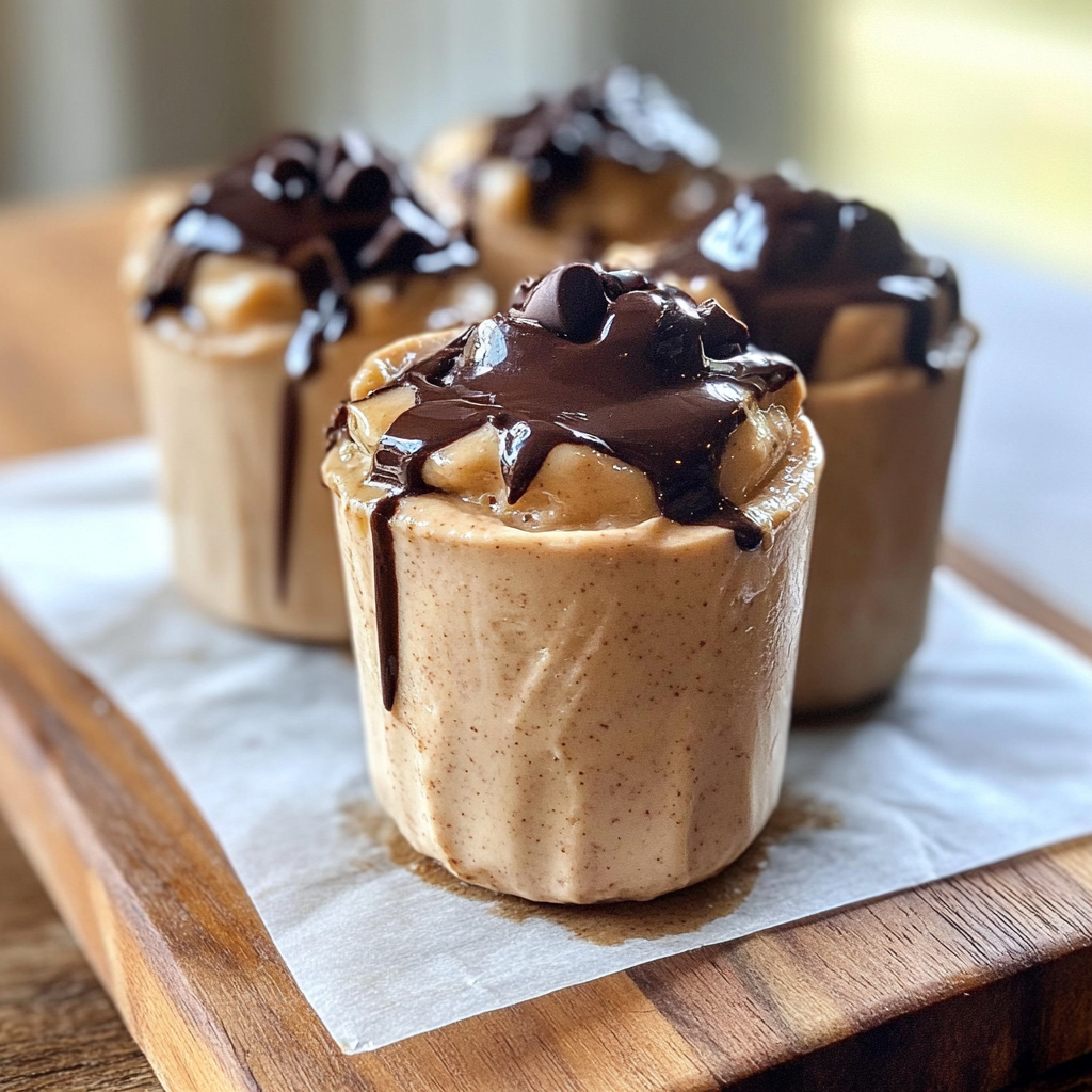 Healthy Frozen Peanut Butter Greek Yogurt Cups with Chocolate Top Healthy Frozen Peanut Butter Greek Yogurt Cups with Chocolate Top arranged on plate showing smooth chocolate shell and creamy interior