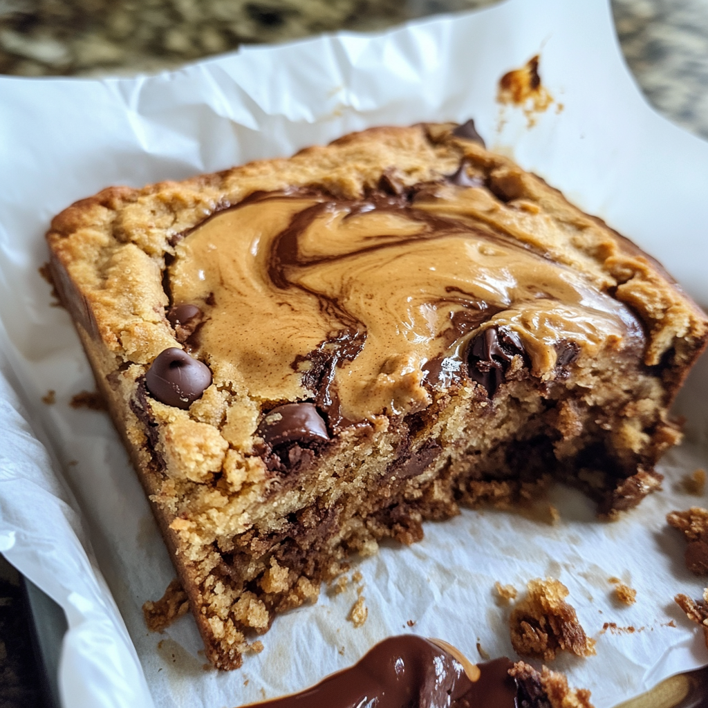 Stack of healthy Greek yogurt chocolate chip muffin bars with beautiful peanut butter swirl pattern and mini chocolate chips visible