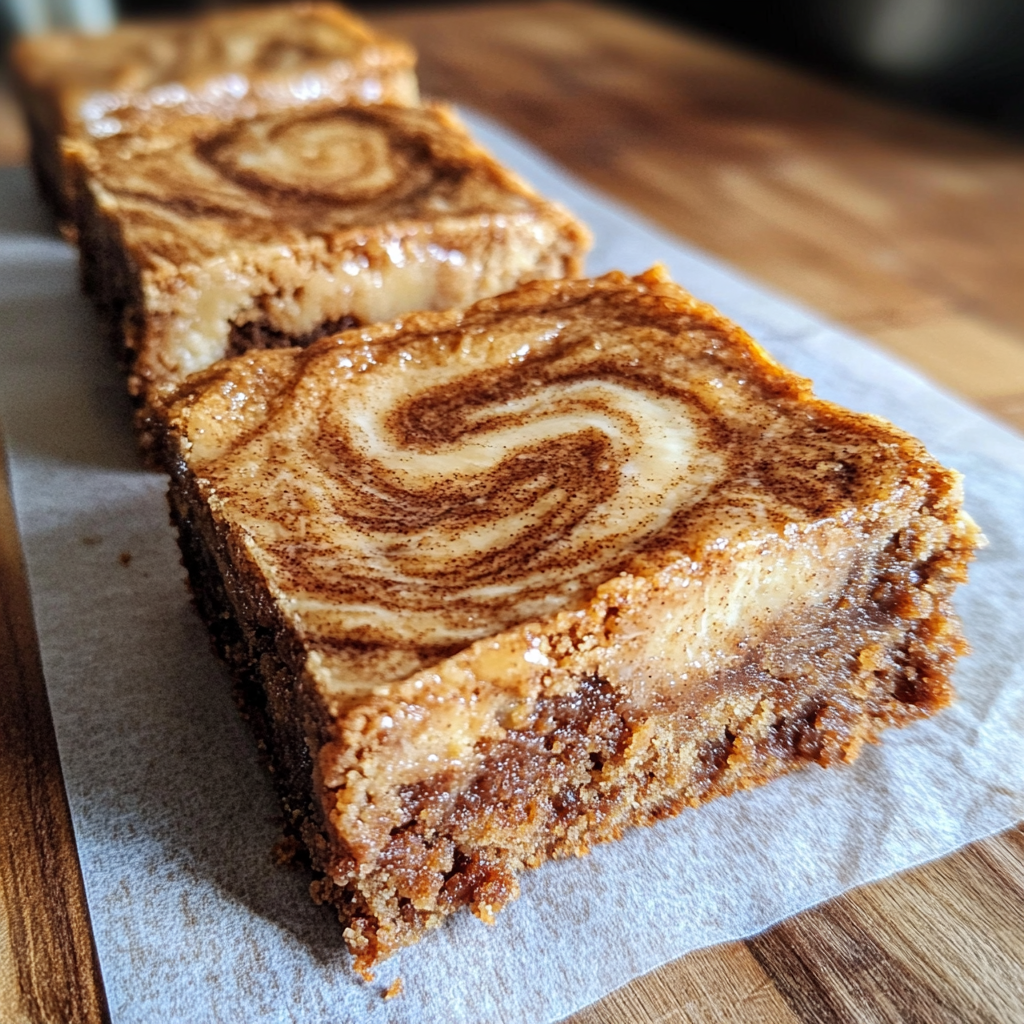 Healthy Make-Ahead Cinnamon Roll Blondies with Greek Yogurt and Gooey Swirls cut into squares showing beautiful golden cinnamon swirl patterns