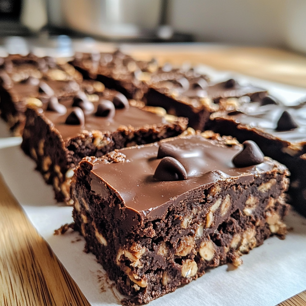 Healthy No-Bake Chocolate Chip Brownie Bars with Peanut Butter and Gooey Layers Stack of healthy no-bake chocolate chip brownie bars with visible peanut butter gooey layers and mini chocolate chips on top