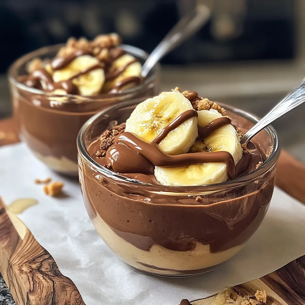 High Protein Chocolate Banana Pudding Cups with Peanut Butter Drizzle High Protein Chocolate Banana Pudding Cups with Peanut Butter Drizzle in clear glass cups showing rich chocolate color and golden peanut butter swirls